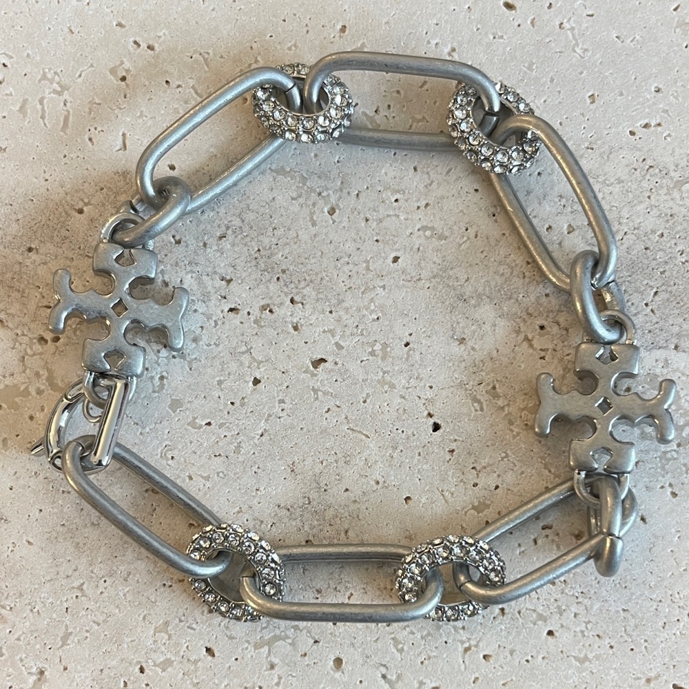 Tory Burch Silver Chain Link Bracelet with Rhinestones
